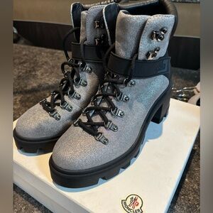 Moncler Silver Glitter Lace-Up Lug Heel Boots